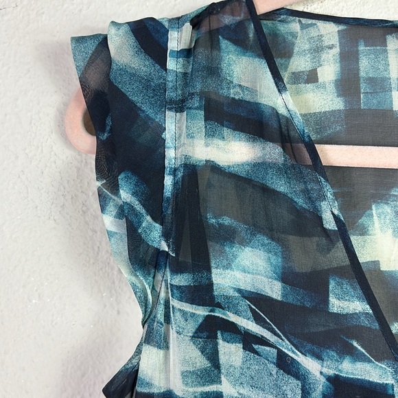 Theory 100% Silk Abstract Blue Teal Black Mini Ruffled Flutter Sleeves Dress 6 - Picture 6 of 14